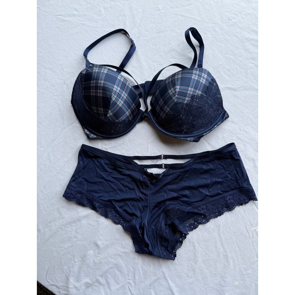 Navy Plaid Push-Up Bra & Lace Trim Briefs Set
